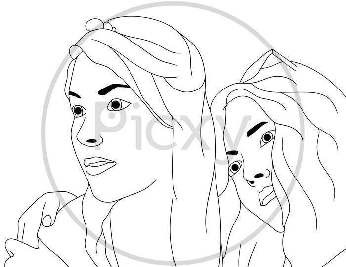 Coloring Pages - Two Girls In A Cute Pose, Happy Moments Of Friendship, Flat Colorful Illustration Of People For Friendship Day. Hand-Drawn Character Illustration Of Happy People.