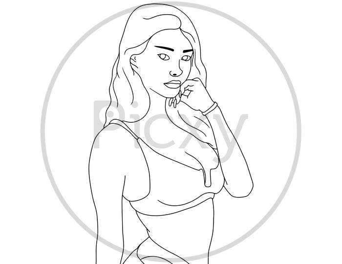 Coloring Pages - Naughty Adult Girl - Hand Drawn Illustration On White Background