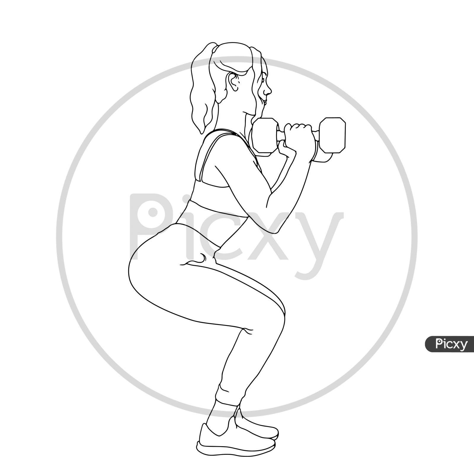 Coloring Pages - Women Exercise With Dumbbell Hand-Drawn Illustration Of Gym.