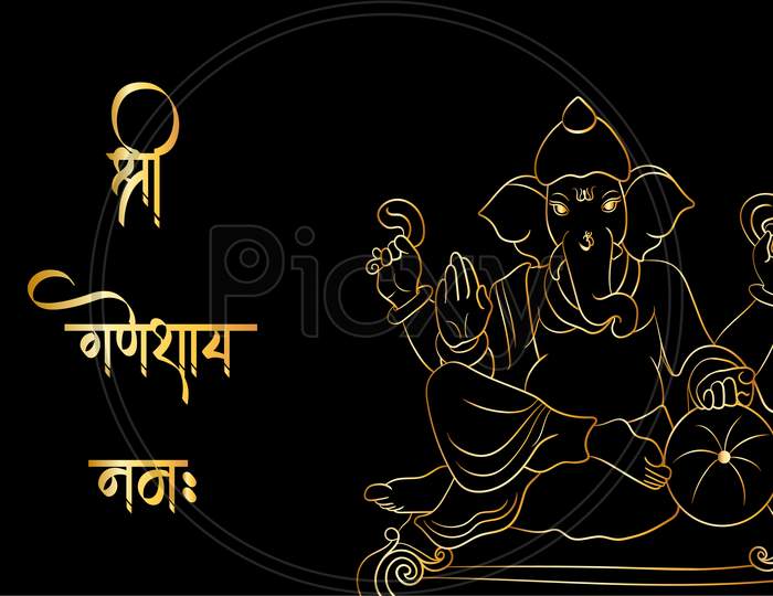 Translation : Ganpati Bappa Moriya, Ganpati Black And Gold Outline Illustration, Happy Ganesh Chaturthi.