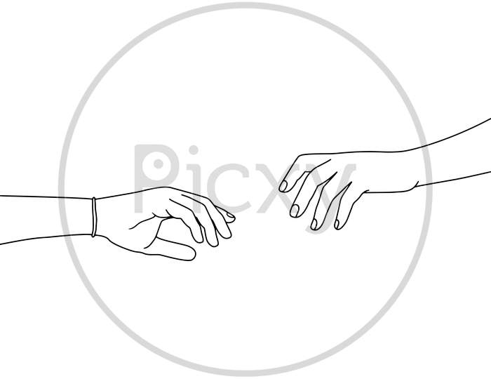 Coloring Pages - Two Hands Trying To Catch Each Other. Vector Illustration Of Two Hands On White Background. Isolated. Vector Illustration For Poster, Banner, Advertisement, Web Background, Promotion Activities.