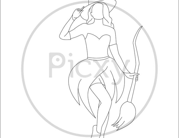 Witch On Broom Stick - Coloring Page, Halloween Coloring Pages For Kids And Teenagers.