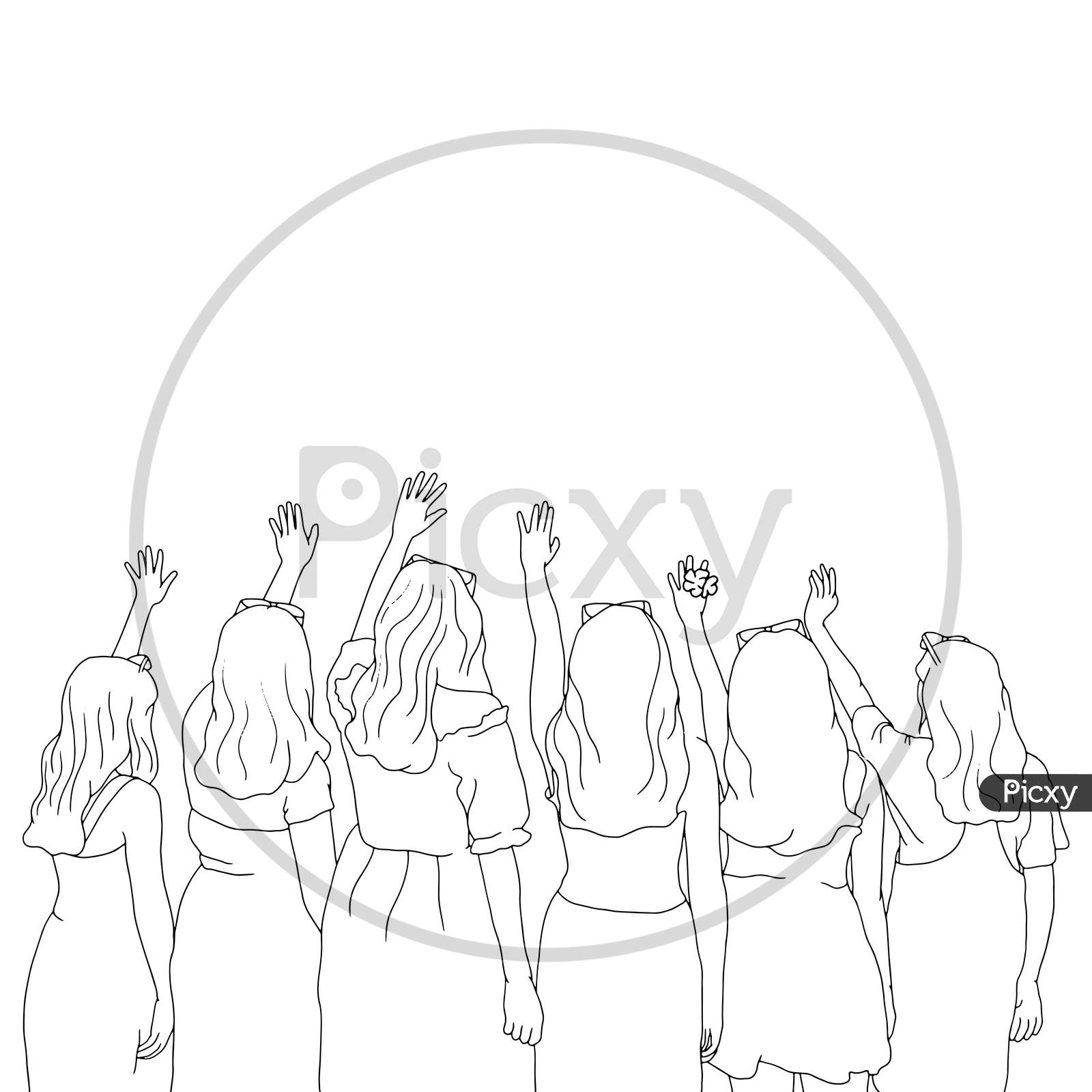 Coloring Pages - A Group Of Girls Waving Their Hands In The Air, Friends Time, Flat Colorful Illustration Of People For Friendship Day. Hand-Drawn Character Illustration Of Happy People.