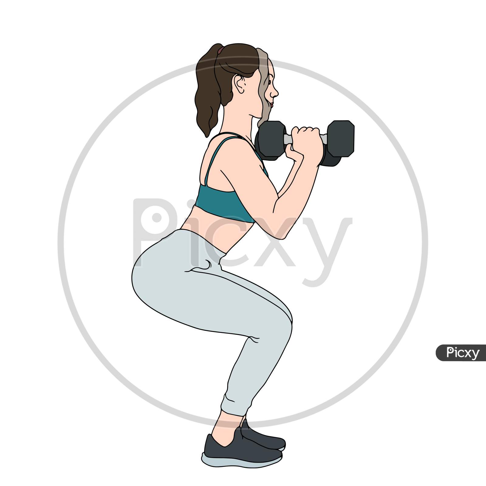 Women Exercise With Dumbbell Hand-Drawn Illustration Of Gym.