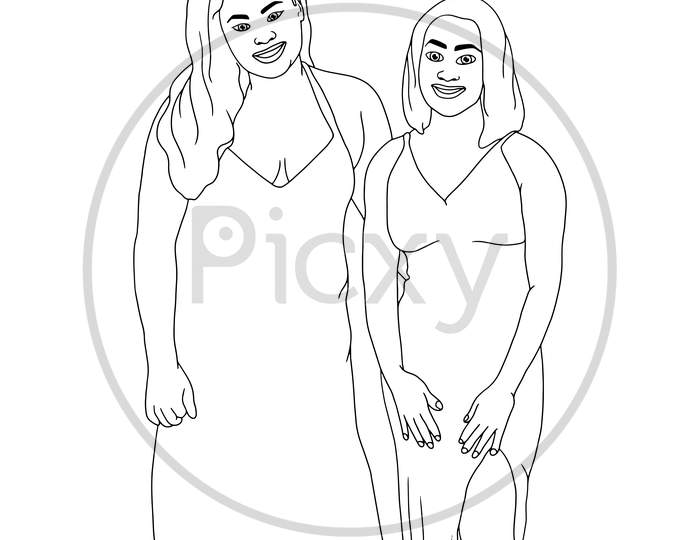 Coloring Pages - Two Girls Standing And Holding Hands, Flat Colorful Illustration Of People For Friendship Day. Hand-Drawn Character Illustration Of Happy People.