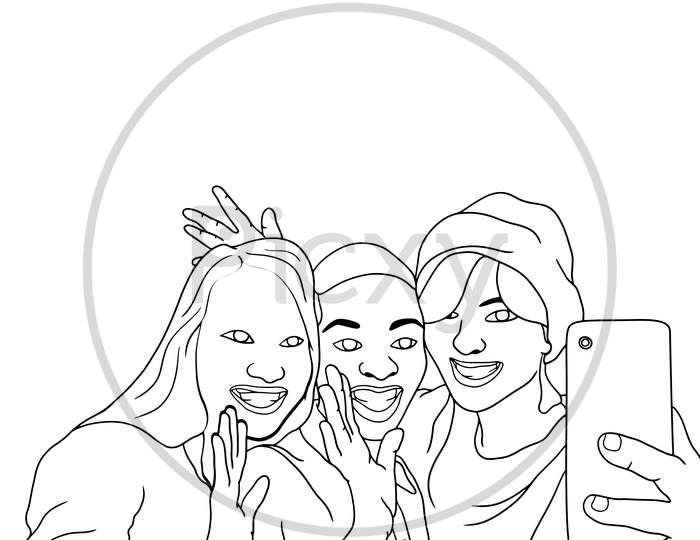 Coloring Pages - A Group Of Girls Clicking Selfies, Friends Moments, Flat Colorful Illustrations Of People For Friendship Day. Hand-Drawn Character Illustration Of Happy People.