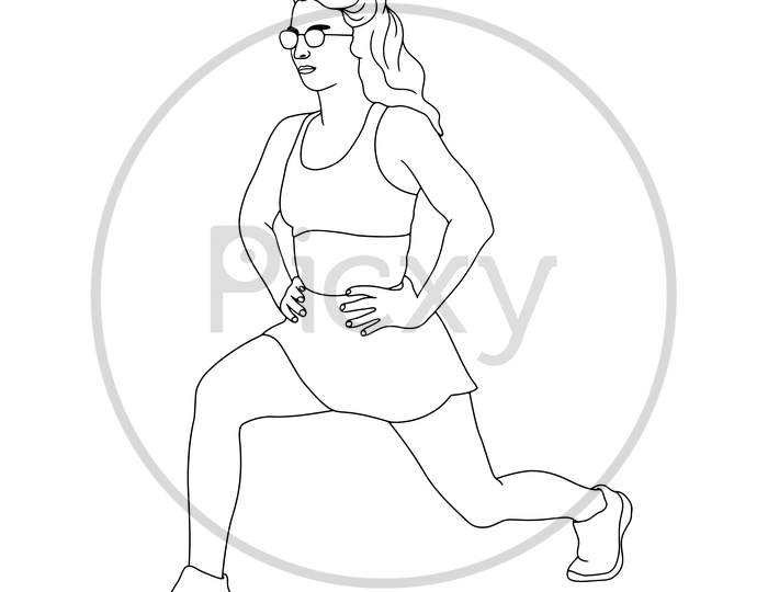 Coloring Pages - Women Stretching Legs Exercise Hand Drawn Illustration On Isolated Background