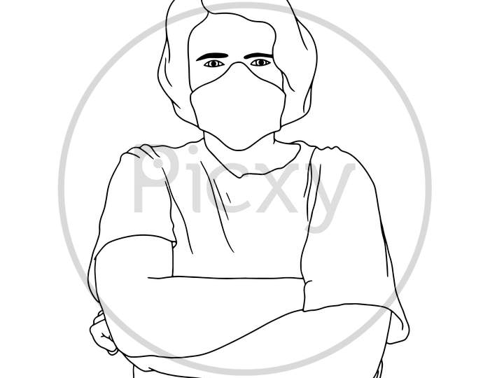 Coloring Pages Illustration Of People With Mask On White Background. Vector Illustration Of People In Mask For Your Covid-19 Projects.
