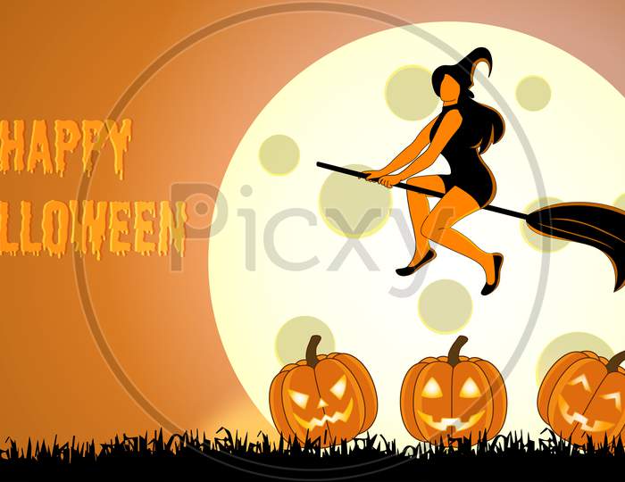 Halloween Illustration For Halloween Party Background And Invitation, Hand Drawn Vector Halloween Illustration With Witch And Cute Scary Pumpkin, Halloween Illustration With Giont Moon On Background.
