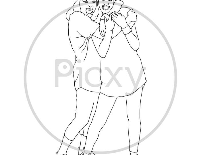 Coloring Pages A Girl Hugs The Girl From Behind, Happy Friends Moment, Flat Colorful Illustration Of People For Friendship Day. Hand-Drawn Character Illustration Of Happy People.