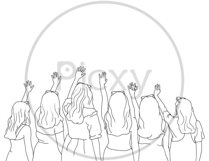 Coloring Pages - A Group Of Girls Waving Their Hands In The Air, Friends Time, Flat Colorful Illustration Of People For Friendship Day. Hand-Drawn Character Illustration Of Happy People.