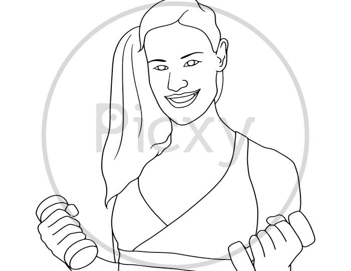 Coloring Pages - Girl With Dumbells On White Background- Hand Drawn Illustration.
