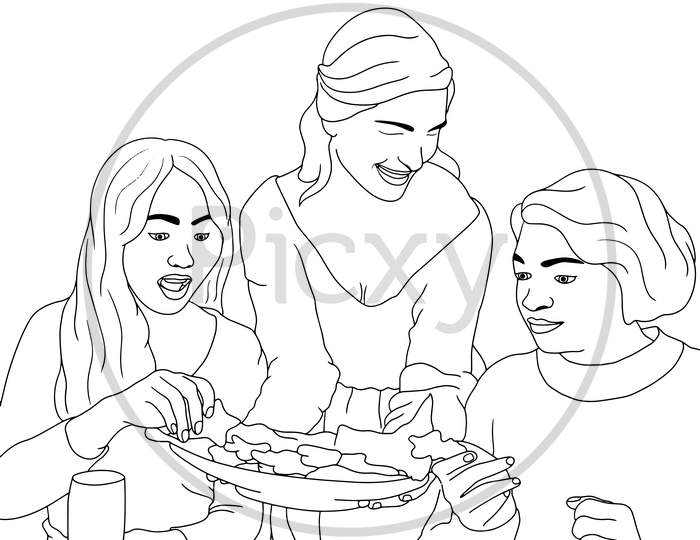 Coloring Pages - A Group Of Friends Having Fun At The Dining Table, Friendship Treat, Flat Colorful Illustration Of People For Friendship Day. Hand-Drawn Character Illustration Of Happy People.