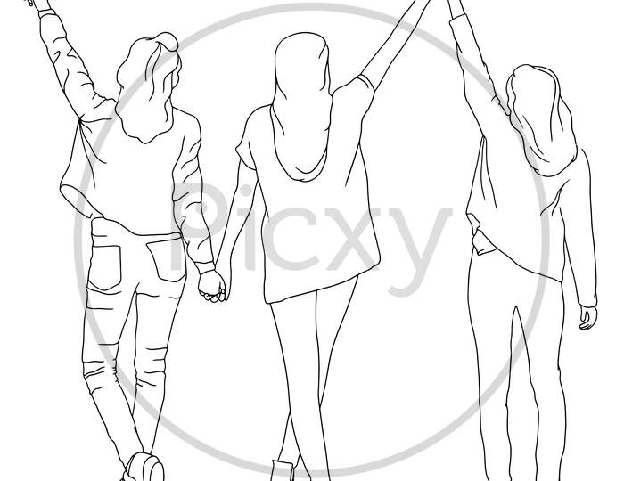 Coloring Pages - Three Girls Weaving Hands In The Air, Drawn From The Backside, Flat Colorful Illustration Of People For Friendship Day. Hand-Drawn Character Illustration Of Happy People.