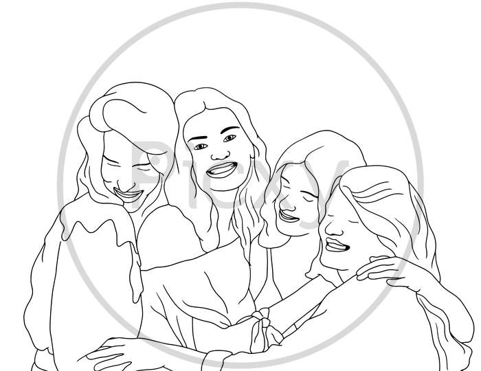 Coloring Pages - Group Of Girls Having The Best Time, Friendship Happy Moment, Flat Colorful Illustration Of People For Friendship Day. Hand-Drawn Character Illustration Of Happy People.