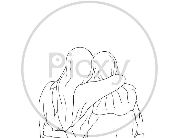 Coloring Pages - A Cute Bonding Between Two Girls, Flat Colorful Illustration Of People For Friendship Day. Hand-Drawn Character Illustration Of Happy People.