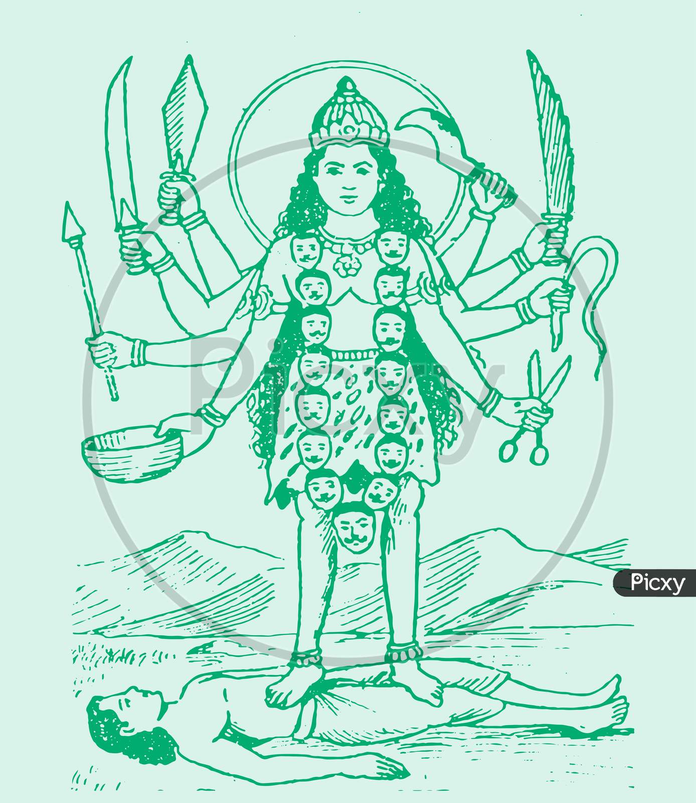Image of Sketch Powerful Hindu Goddess Durga Ma Or Kali Mata Outline And  Silhouette Illustration With Trident Holding In HandAV184629Picxy