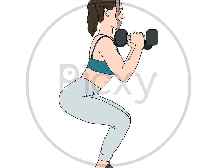 Women Exercise With Dumbbell Hand-Drawn Illustration Of Gym.