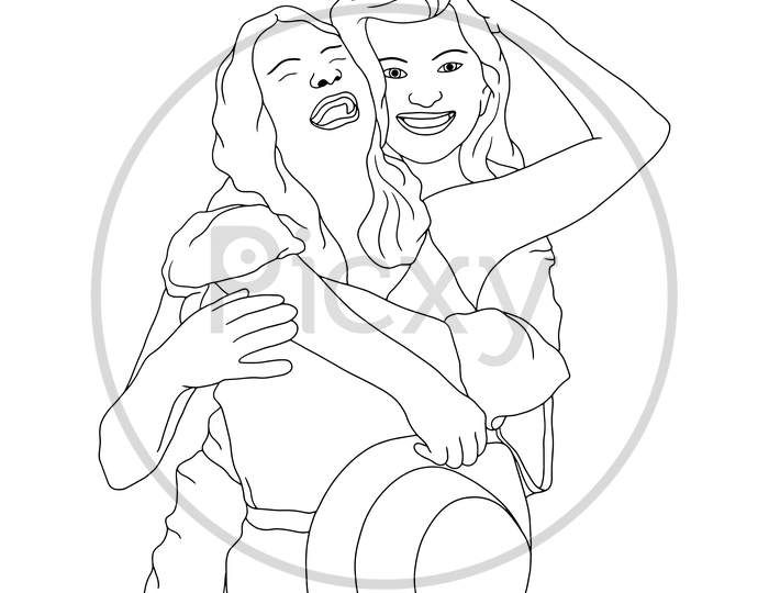 Coloring Pages - Two Girls Having A Happy Time, Best Friends Forever, Flat Colorful Illustration Of People For Friendship Day. Hand-Drawn Character Illustration Of Happy People.