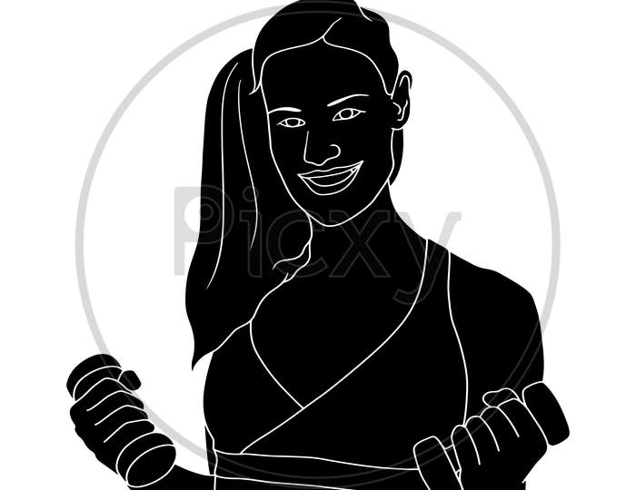 Silhouette - Girl With Dumbells On White Background- Hand Drawn Illustration.