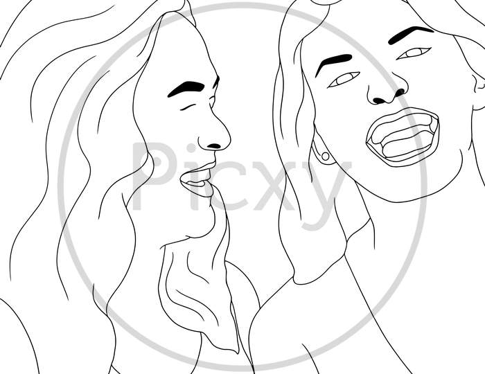 Coloring Pages Two Girls Laughing Or Smiling, Girls Happy Moment, Flat Colorful Illustration Of People For Friendship Day. Hand-Drawn Character Illustration Of Happy People.