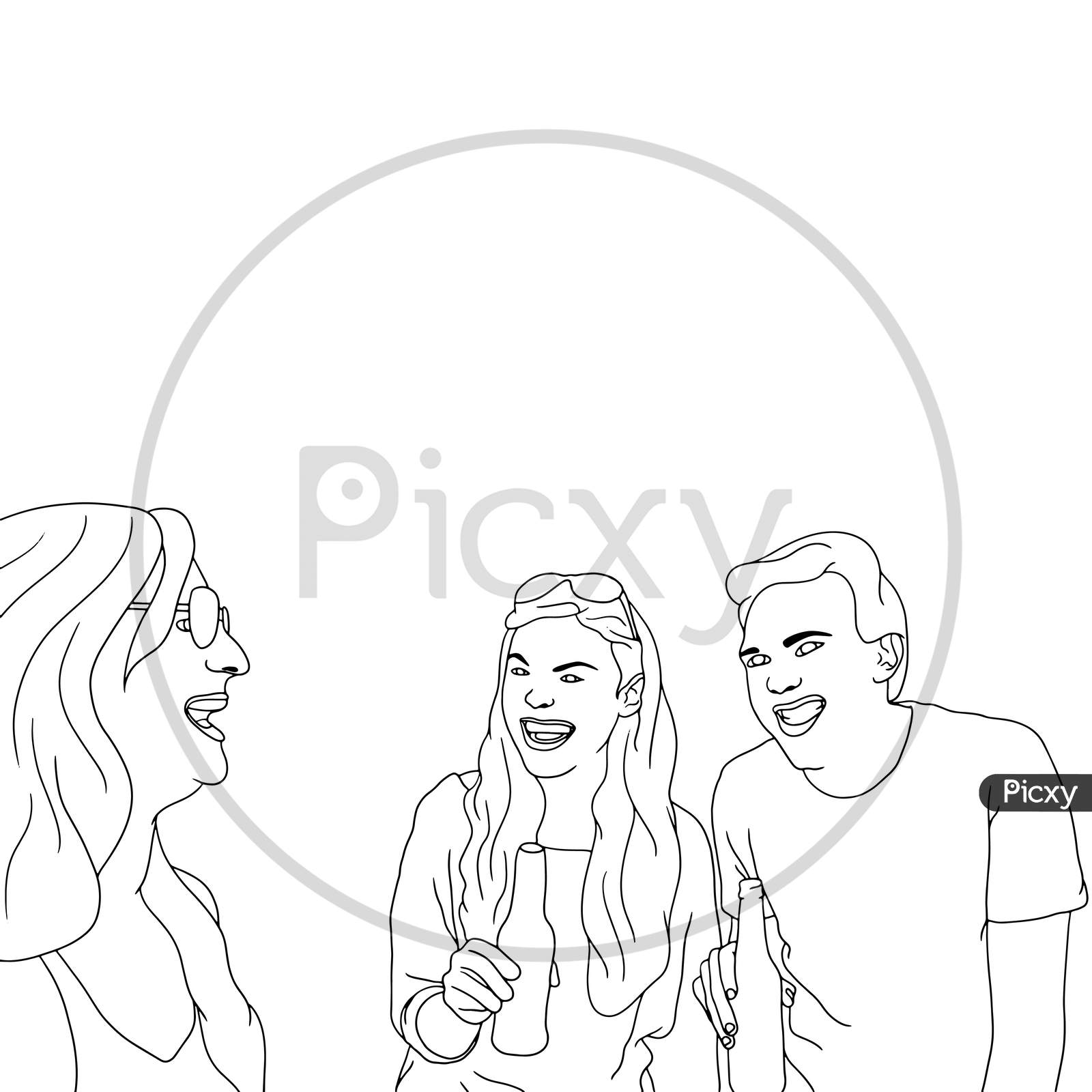 Coloring Pages - A Group Of Friends Having Outdoor Fun, Friends Time, Flat Colorful Illustration Of People For Friendship Day. Hand-Drawn Character Illustration Of Happy People.