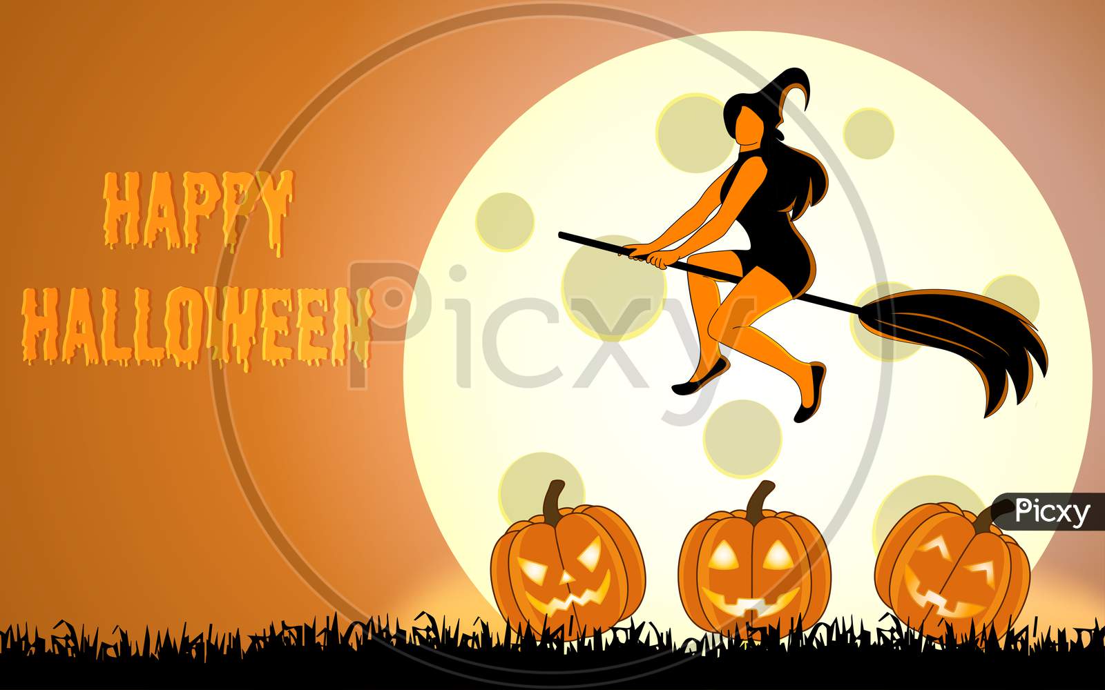 Halloween Illustration For Halloween Party Background And Invitation, Hand Drawn Vector Halloween Illustration With Witch And Cute Scary Pumpkin, Halloween Illustration With Giont Moon On Background.