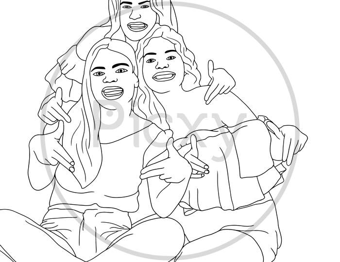 Coloring Pages - A Group Of Friends Having Fun, Group Dancing, Flat Colorful Illustration Of People For Friendship Day. Hand-Drawn Character Illustration Of Happy People.