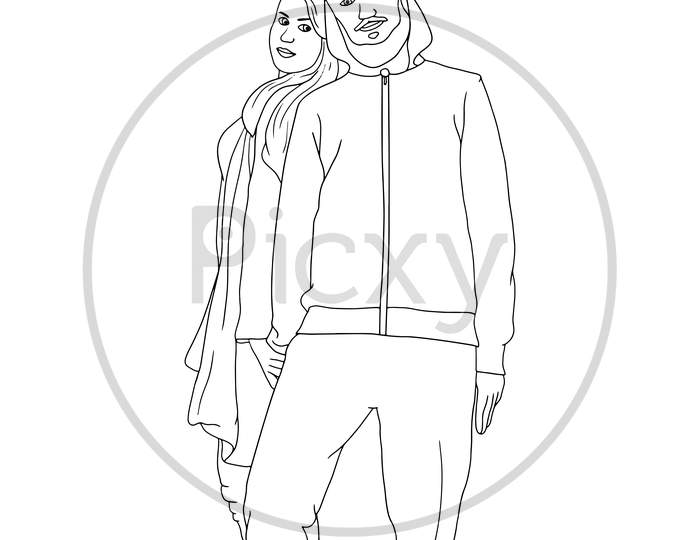 Coloring Pages A Couple In A Standing Pose, Flat Colorful Illustration Of People For Friendship Day. Hand-Drawn Character Illustration Of Happy People.