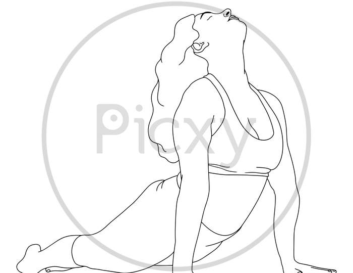 Coloring Pages - Young Female In Yoga Poses Hand Drawn Flat Illustration On White Bg.
