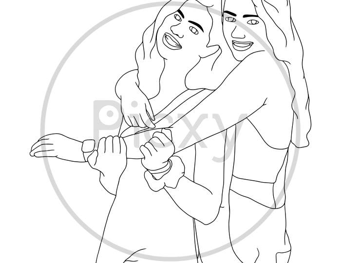 Coloring Pages - A Beautiful Relationship Of Two Girls, Best Friends Forever, Flat Colorful Illustration Of People For Friendship Day. Hand-Drawn Character Illustration Of Happy People.