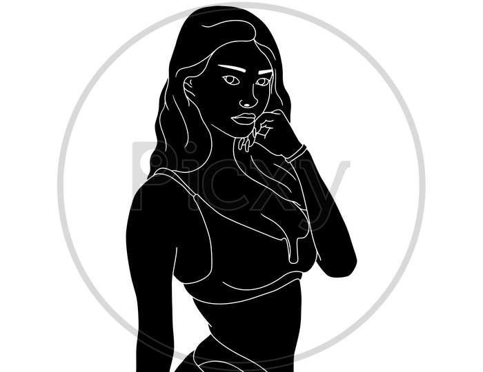 Silhouette - Naughty Adult Girl - Hand Drawn Illustration On White Background