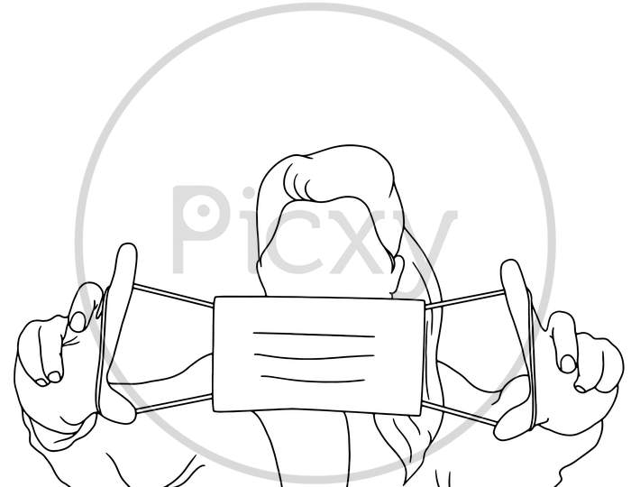 Coloring Pages Illustration Of People With Mask On White Background. Vector Illustration Of People In Mask For Your Covid-19 Projects.