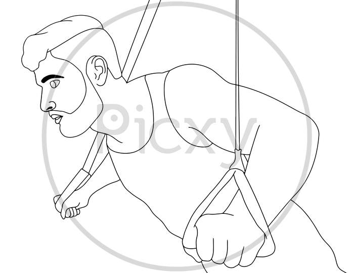 Coloring Pages - Men Doing Exercise In The Gym, Hand Drawn Vector Illustration.