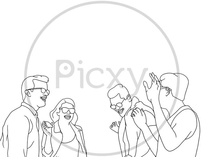 Coloring Pages - A Group Of Friends Having Fun, Group Dancing, Flat Colorful Illustration Of People For Friendship Day. Hand-Drawn Character Illustration Of Happy People.