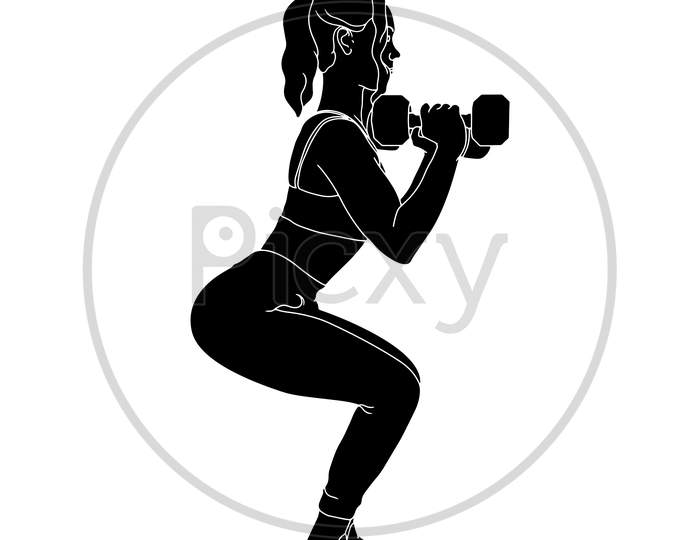 Silhouette - Women Exercise With Dumbbell Hand-Drawn Illustration Of Gym.