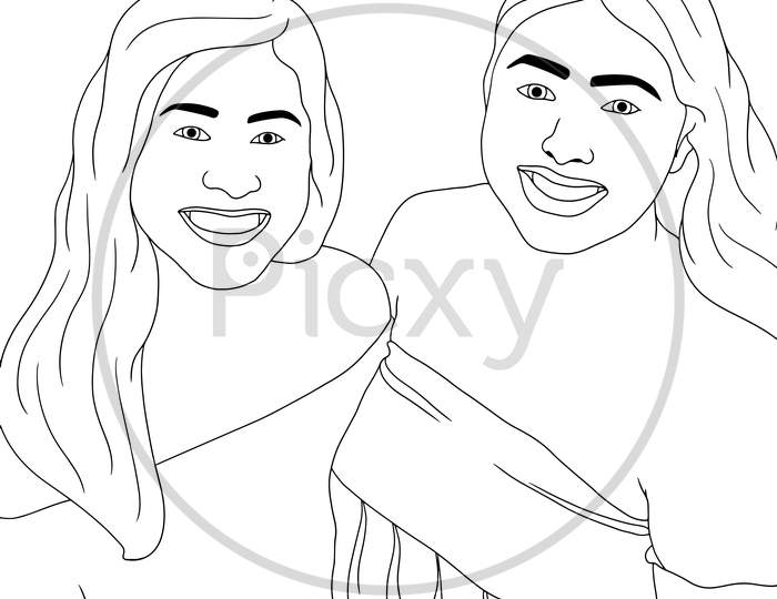 Coloring Pages Two Girls With Happy Expressions, Flat Colorful Illustration Of People For Friendship Day. Hand-Drawn Character Illustration Of Happy People.