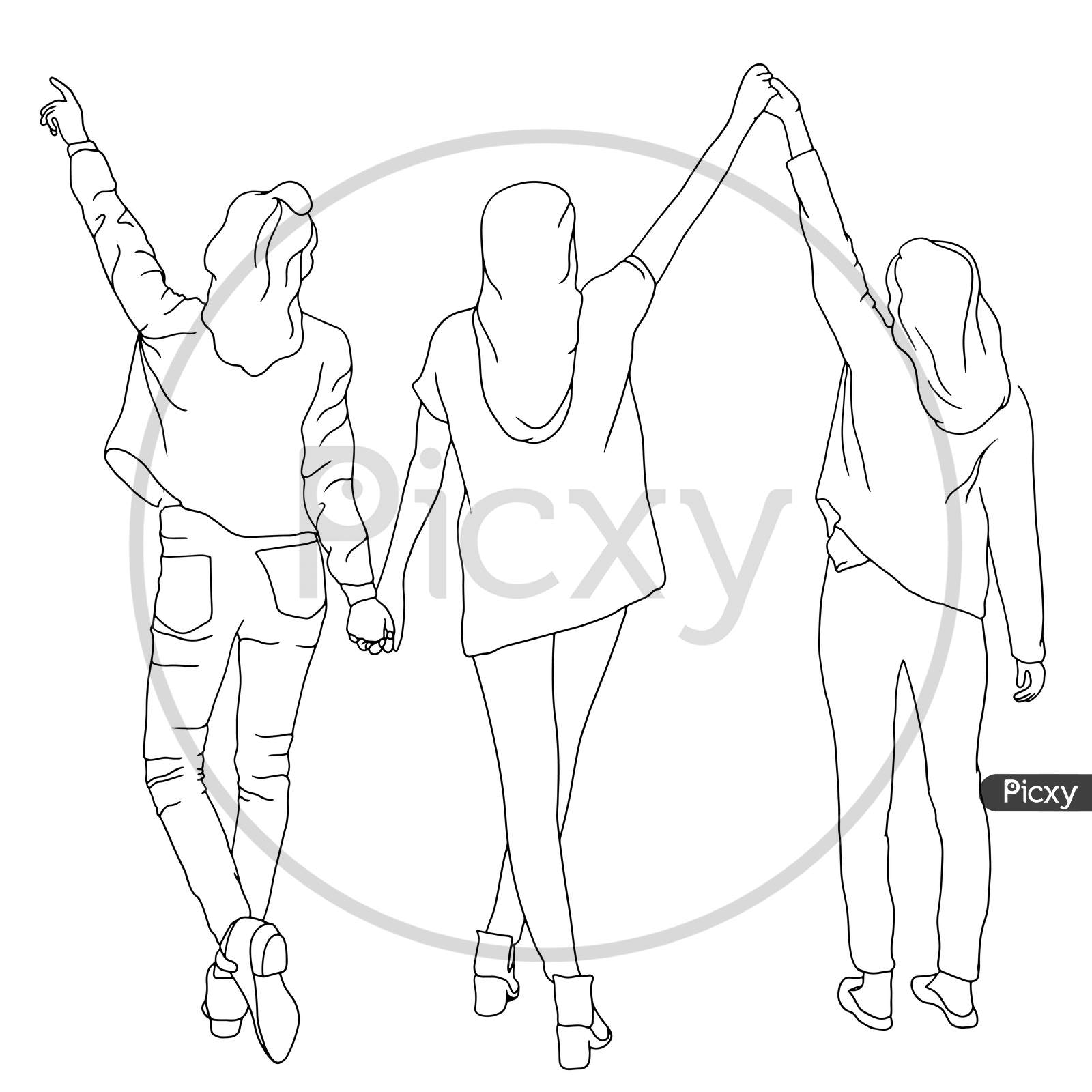 Coloring Pages - Three Girls Weaving Hands In The Air, Drawn From The Backside, Flat Colorful Illustration Of People For Friendship Day. Hand-Drawn Character Illustration Of Happy People.