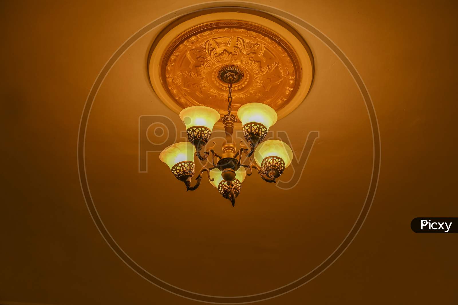 Ceiling Chandelier With Five Lights In Vintage Design.