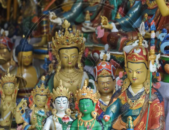 Buddhist statue store in Tibetan market in Rewalsar lake (Tso Pema), Himachal Pradesh, India