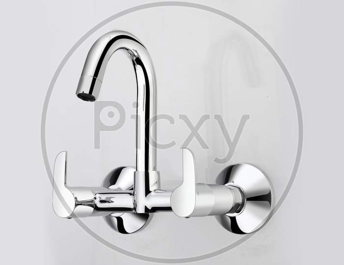 Modern stainless steel water tap. Isolated on white  Grey background| Plumbing for bathroom shower