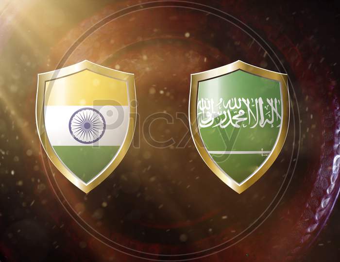 India And Saudi Arabia Flag In Golden Shield On Copper Texture Background.3D Illustration.
