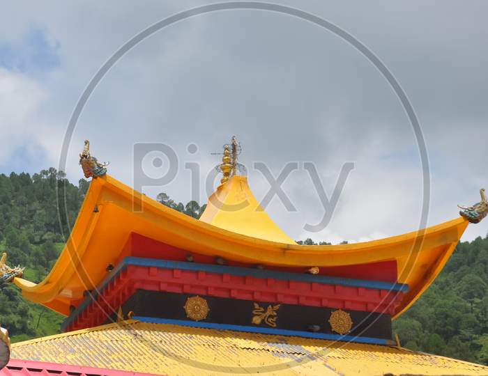 Low angle view of Buddhist temple roof in Rewalsar lake (Mandi), Himachal Pradesh, India