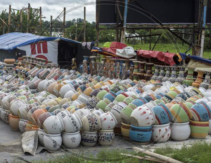 Ceramic Decorative Pots On Display At Road Side For Sale