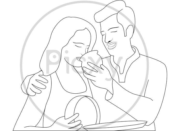 Hand Drawn Character Illustration Of Karwa Chauth Couple, Happy Karva Chauth- Hand Drawn Character Drawing Of Couple Cebrating Karwa Chauth.