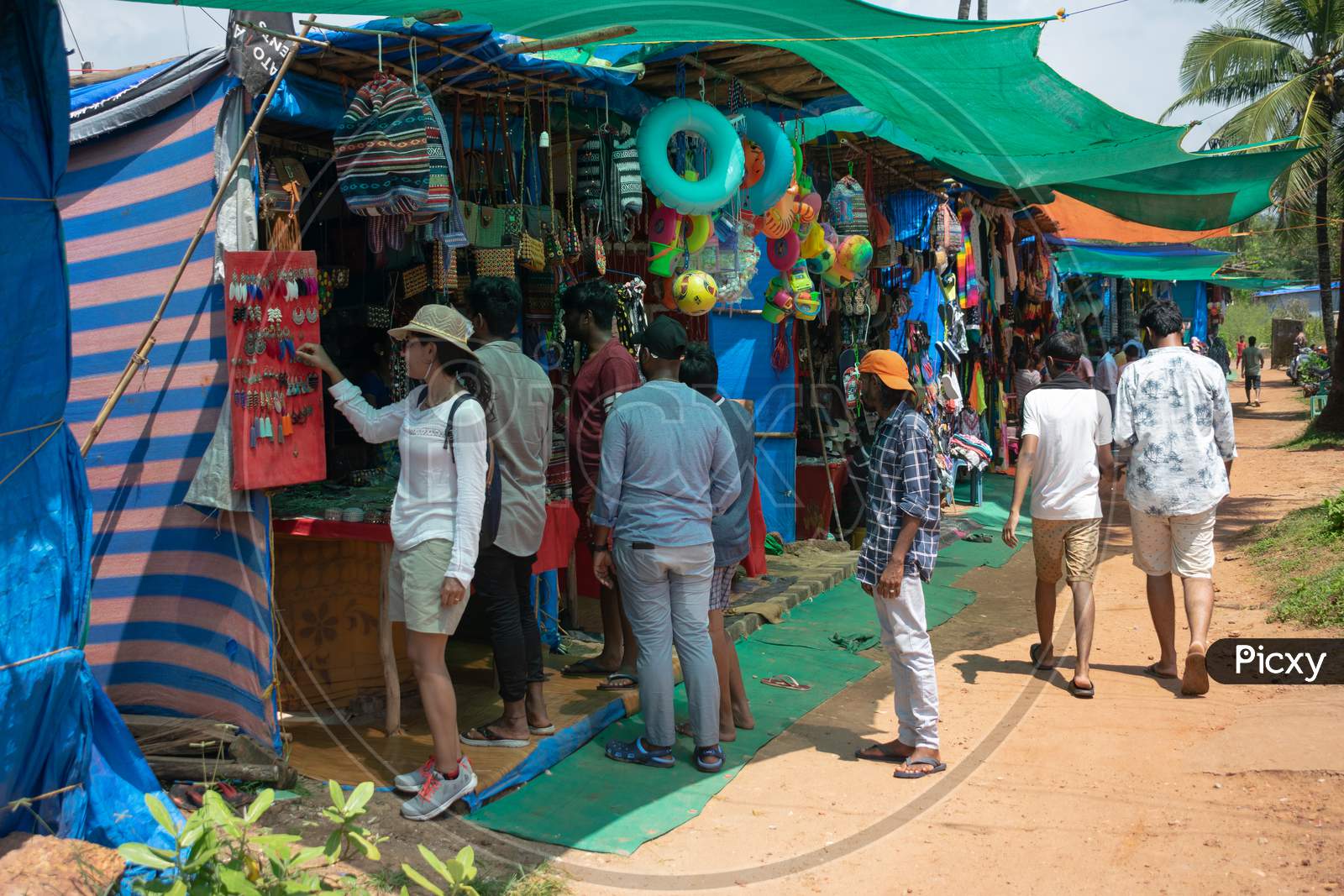 Anjuna, Goa, India - 02 October 2021, Picture of a busy local beachside street market after pandemic in Goa