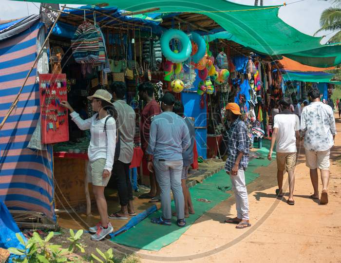 Anjuna, Goa, India - 02 October 2021, Picture of a busy local beachside street market after pandemic in Goa