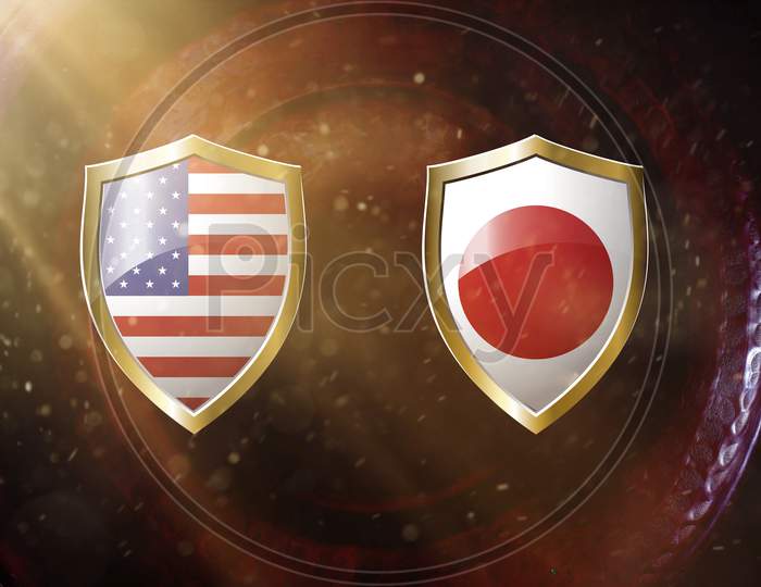 Us And Japan Flag In Golden Shield On Copper Texture Background.3D Illustration.