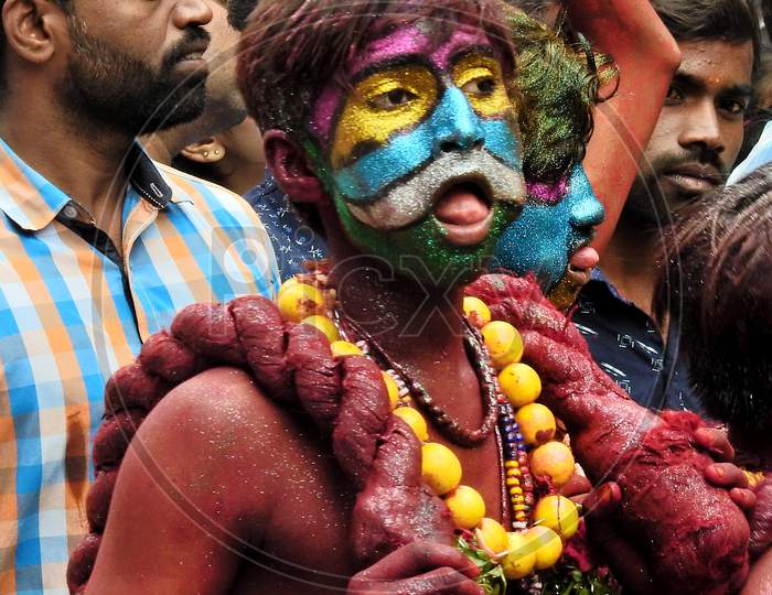 Indian Hindu Man In Make-Up Of Pothuraju ,During Bonalu Festival, In A Temple