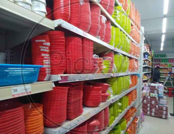 Closeup Of Vishal Super Market Or Mall Interior Beautiful View With Household Items, Toys And Food Pack Etc.,